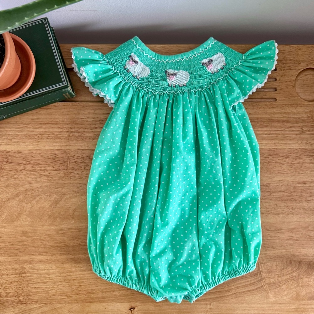 Southern Smocked Company Sheep Bubble Romper Green Smocked Heirloom Easter 24M